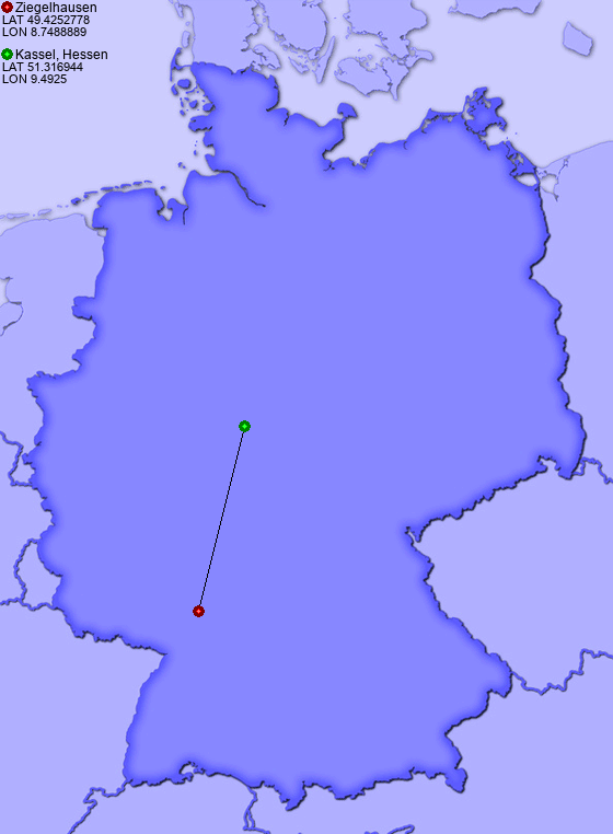 Distance from Ziegelhausen to Kassel, Hessen