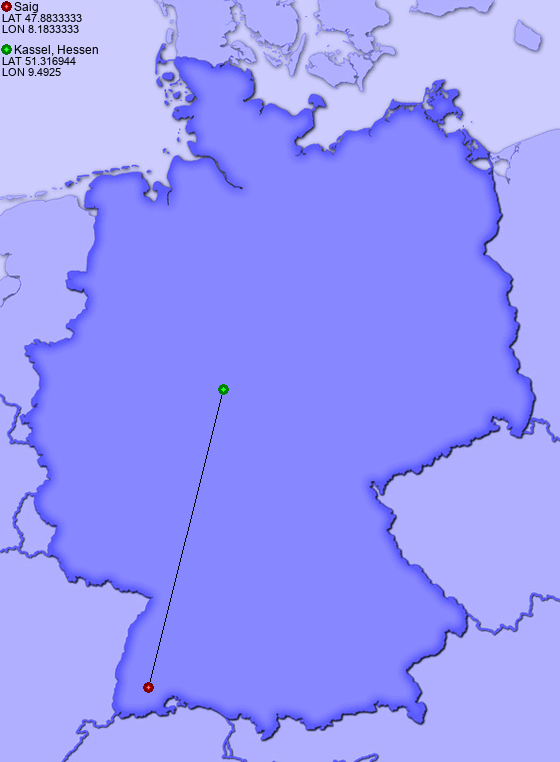 Distance from Saig to Kassel, Hessen