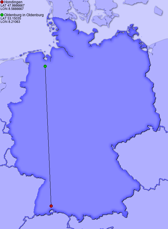 Distance from Hondingen to Oldenburg in Oldenburg
