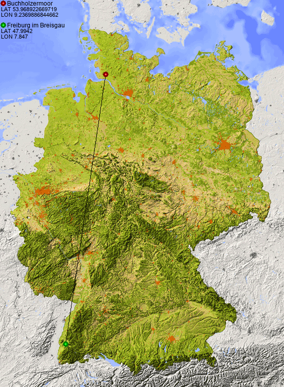 Distance from Buchholzermoor to Freiburg im Breisgau
