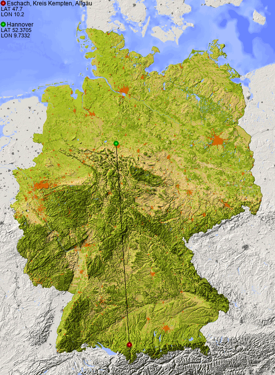 Distance from Eschach, Kreis Kempten, Allgäu to Hannover