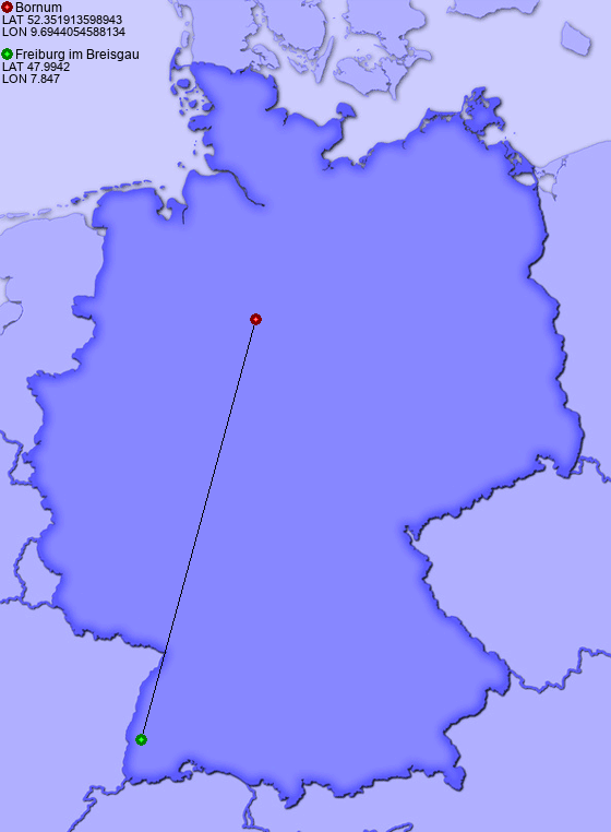 Distance from Bornum to Freiburg im Breisgau