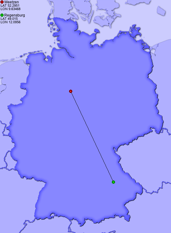 Distance from Weetzen to Regensburg