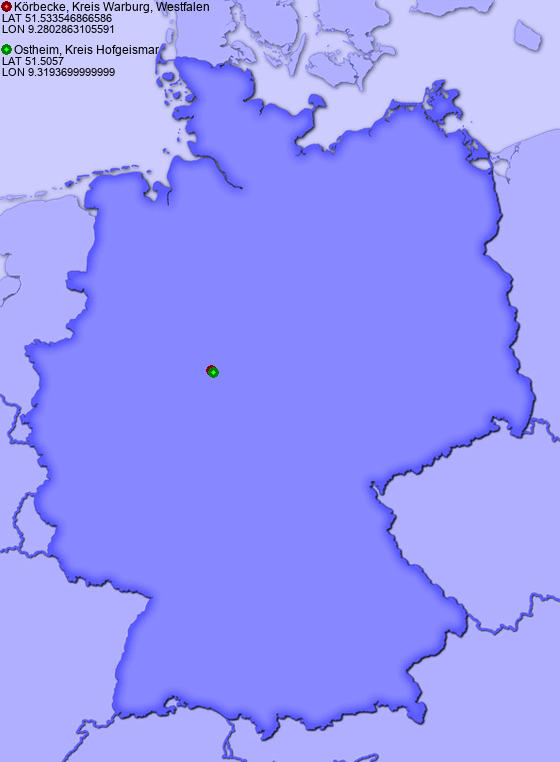 Distance from Körbecke, Kreis Warburg, Westfalen to Ostheim, Kreis Hofgeismar