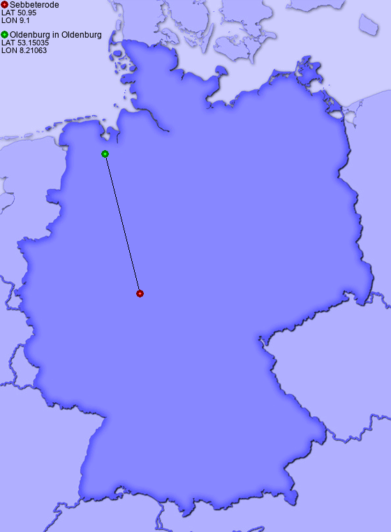 Distance from Sebbeterode to Oldenburg in Oldenburg