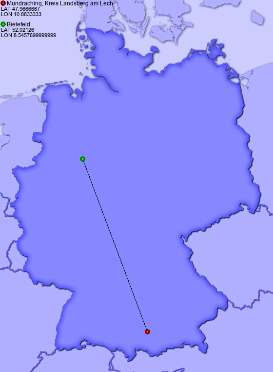 Distance from Mundraching, Kreis Landsberg am Lech to Bielefeld