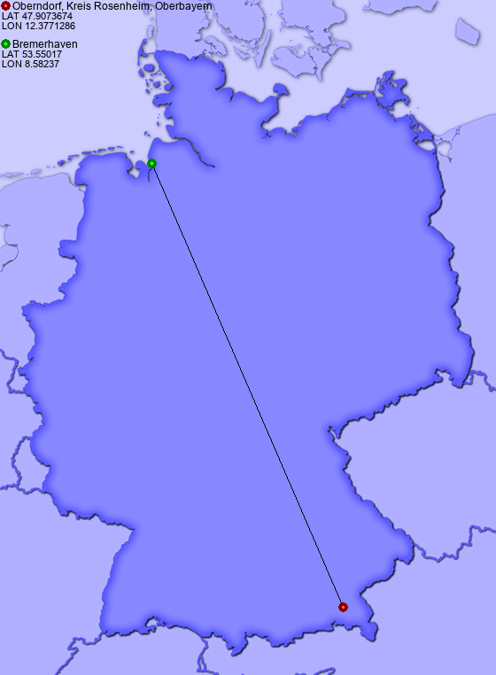 Distance from Oberndorf, Kreis Rosenheim, Oberbayern to Bremerhaven