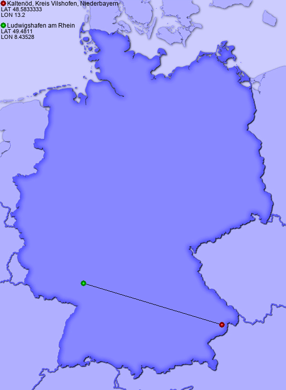 Distance from Kaltenöd, Kreis Vilshofen, Niederbayern to Ludwigshafen am Rhein