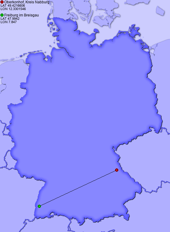 Distance from Oberkonhof, Kreis Nabburg to Freiburg im Breisgau