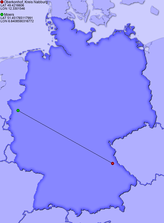 Distance from Oberkonhof, Kreis Nabburg to Moers