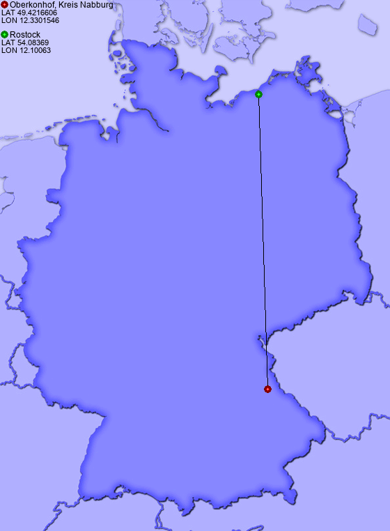Distance from Oberkonhof, Kreis Nabburg to Rostock