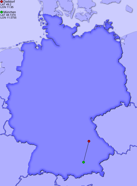Distance from Dietldorf to München