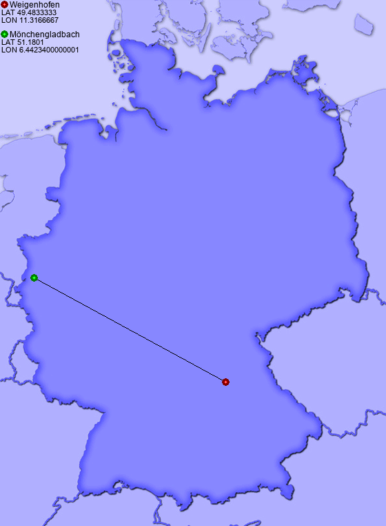 Distance from Weigenhofen to Mönchengladbach