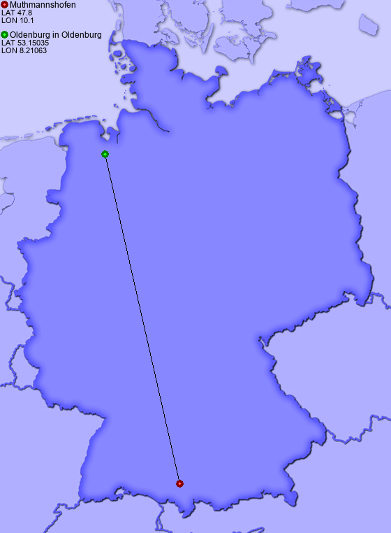 Distance from Muthmannshofen to Oldenburg in Oldenburg