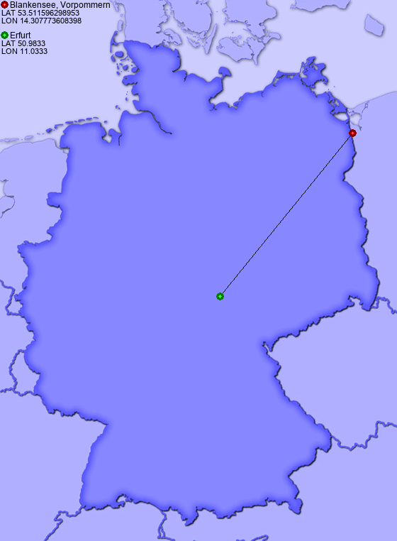 Distance from Blankensee, Vorpommern to Erfurt