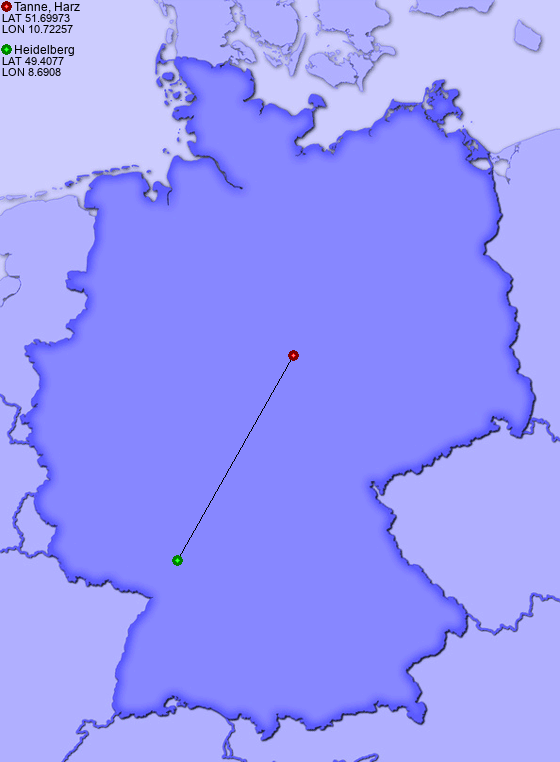Distance from Tanne, Harz to Heidelberg