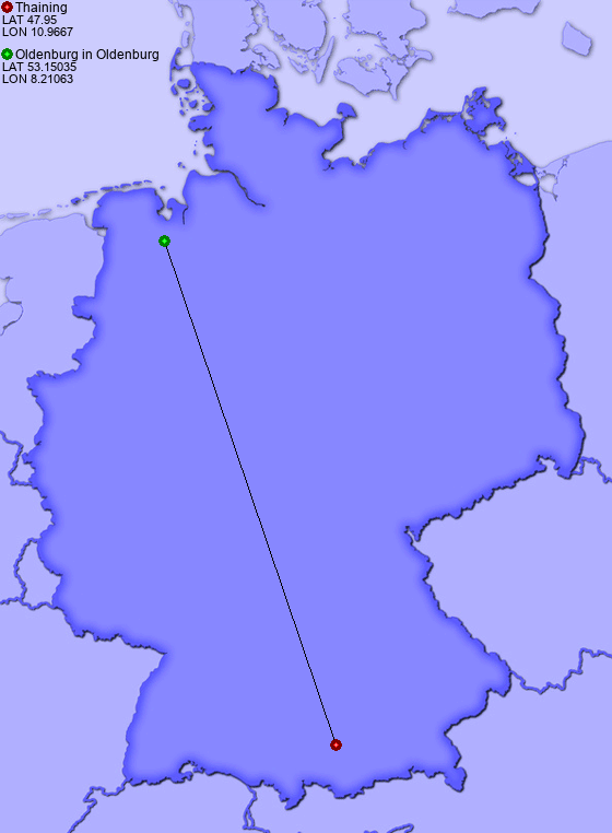 Distance from Thaining to Oldenburg in Oldenburg