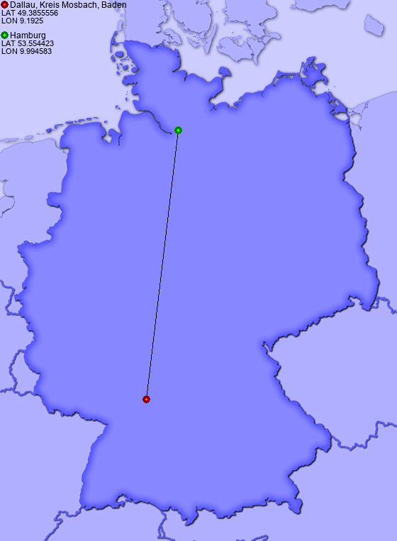 Distance from Dallau, Kreis Mosbach, Baden to Hamburg