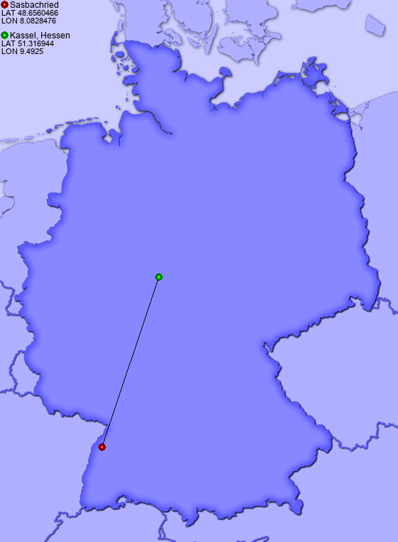 Distance from Sasbachried to Kassel, Hessen